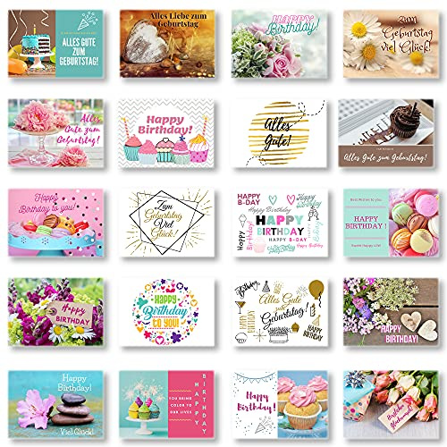 Domelo Geburtstagskarten 20er Set mit Umschlag, Happy Birthday Postkarten | Kraftpapier Karten zum Geburtstag, Geburtstagskarte für Mann/Frau/Kinder, Postkarte als Grußkarten. 20 Karten + 20 Umschläge