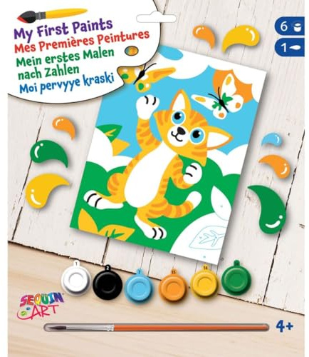 MAMMUT 8342014 - Mein erstes Malen nach Zahlen Katze, Komplettset mit bedruckter Malvorlage ca. 18,5 x 25 cm, Anfänger Set mit 6 Acrylfarben und Pinsel, Tiermotiv Malset für Kinder ab 4 Jahre
