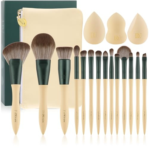 DUcare Makeupborste set 14 st med 3 st sminksvamp – lime-serien professionella sminkborstar Kabuki Foundation mixborste ansiktspuder rodna concealers ögonskuggor