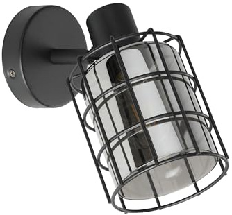 EGLO Wandlampe Consaca, 1 flammige Wandleuchte, industrial | Wandstrahler aus Metall, Rauchglas, Wohnzimmerlampe in Schwarz, Schwarz-Transparent, Spot mit E27 Fassung