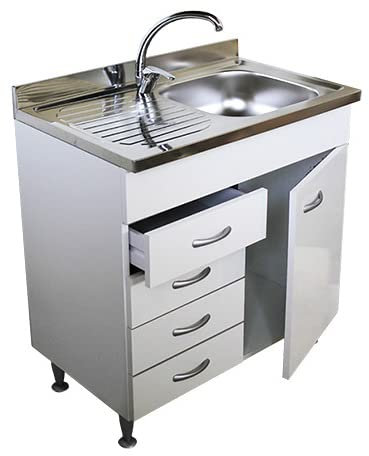 Arredobagno e Cucine Mueble bajo lavabo blanco, 1 puerta y cajonera izquierda, sin fregadero de acero inoxidable, 80 cm