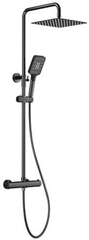 Rainsworth Duschsystem med termostat svart, 25 x 25 cm kvadratisk regndusch rostfritt stål, duscharmatur komplett set, regndusch med kran, 3 stråltyper duschhuvud, 92–126 cm duschstänger