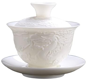 Relief Dragon Weißes Porzellan Gaiwan, chinesischer geprägter Drachen-Stil, weißer Ceamic Gaiwan, Kung Fu Teeschale, traditionelle Teetasse (Dargon-1)