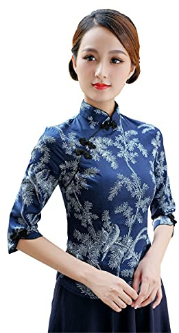 YLfly Qipao - Camicetta cinese con colletto alla coreana, da donna, Blu, 40