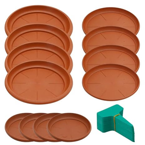 MDEOOSKY 12 Stück Pflanzschalen, 3 Größen, Kunststoff, Untersetzer, Blumentopf, Terrakotta, Abtropfschalen für drinnen und draußen, Blumentöpfe und Pflanzgefäße, mit 20 grünen Pflanzenetiketten