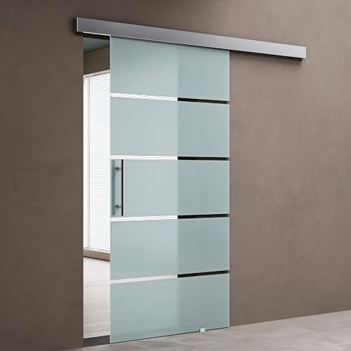 doporro Glasschiebetür Komplettset 102,5x205cm ESG-Glas Milchglas-Streifen | Schiebetür mit Stangengriff | 25mm Wandabstand | Edelstahl Türgriff | Aluminium Abdeckblende | Amalfi-plus 13