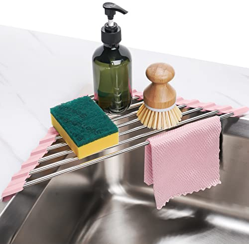 Tomorotec Dreieckiges aufrollbares Abtropfgestell für Spüle, Ecke, klein, faltbar, Edelstahl über der Spüle, Mehrzweck-Küchenabtropfgestell, Caddy, Aufbewahrung, platzsparendes Regal (Rosa)