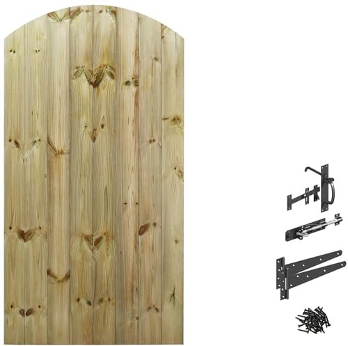 Made to Measure 6ft Wooden Garden Gate, Suffolk Latch Fixing Kit, Custom T&G Fully Framed Arch Top Treated Timber Door for Outdoor Pathway Home Access, MAX 180cm High x MAX 90cm Wide
