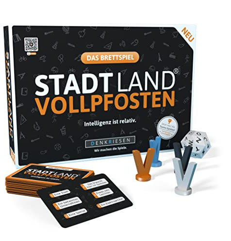 DENKRIESEN - Stadt Land VOLLPFOSTEN® Brettspiel - Intelligenz ist relativ. Das Brettspiel für einen spaßigen und witzigen Spieleabend. Spieldauer von ca. 60 Minuten. Ab 12 Jahren für 4-12 Spieler