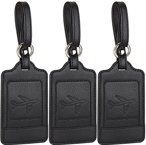 Teskyer 3 Stück Kofferanhänger mit Adressschild, PU Leder Kofferanhänger für Flugreisen, Schutz der Privatsphäre, Schnelle Identifikation, Schwarz