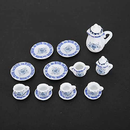 Drfeify Juego de té en Miniatura para Casa de Muñecas, Juego de Tazas de té de Flores de Porcelana de Simulación de 15 Uds, Modelo de Juguetes para Muebles de Casa de Muñecas 1:12,