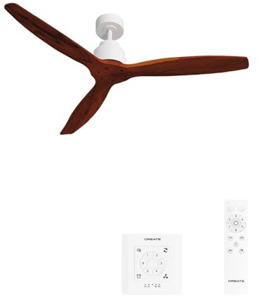 CREATE / WINDSTYLANCE/Deckenventilator Weiß Dunkelholzflügel mit Wandschalter und Fernbedienung / 40W, Leise, Ø132 cm, 6 Geschwindigkeiten, Timer, Sommer-Winterbetrieb, doppelte Höhe