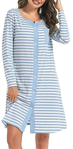 Marvmys Chemise De Nuit Femme Manches Longues Chemises De Nuit Femmes Col en V avec Boutons Devant Chemises De Nuit Vêtement De Nuit Doux Rayée Coton Manche Hiver Vêtement D'Intérieur Bleu XL