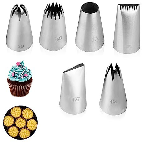 HUSOUE 6 Pezzi Bocchette in Acciaio Inossidabile 304 Riutilizzabili per Decorazione, Set Fiori per Torte con Guida - Ideali per Glassa, Biscotti Decorati, Cupcake, Muffin