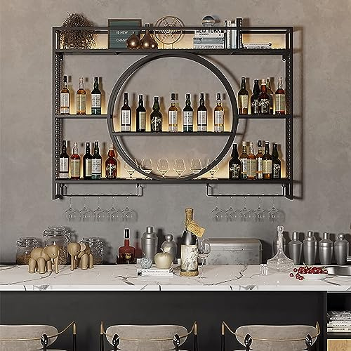 Vinställ vägg järn med glashållare, vinhylla palett järn, väggmonterat vinställ, vinställ för baren, väggbar, väggflaskhållare, kökshylla, hängande vinhylla, flaskhylla, vinglashylla (färg: