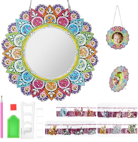 lefeindgdi 20 x 20cm Diamant Painting Spiegel Bastelset 5D Diamond Make-up Spiegel Rund Malerei Spiege Kinder ab 5-12 Jahre Mädchen Geburtstagsgeschenk