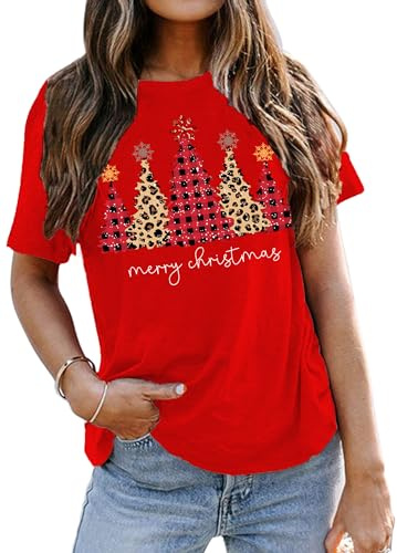 Women Christmas T Shirts Xmas Tree Tees Shirt Short Sleeve Christmas Holiday Tops