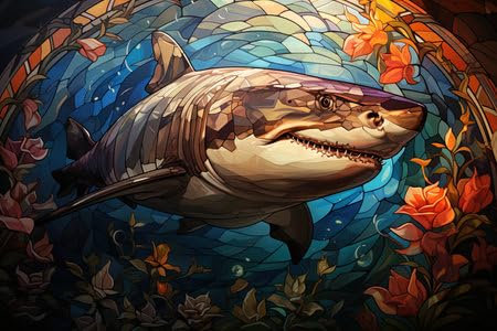 adrium Acryl-Bild 90 x 60 cm: Hai in Buntglasmalerei, Illustration generative KI (208412292)