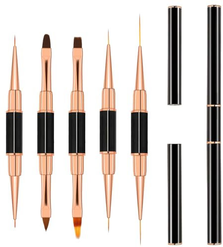 Qianyu 5 Stück Nagel Pinsel mit Metallgriff Doppelseitiger Nagelstift Fineliner Pinsel Größen 5/7/9/11/15/20 mm Profi Nageldesign Linie Streifen Brush für DIY Nail Art Salon Nagellack-Zeichnungs Tool