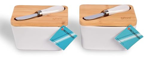 Beurrier Lot de 2 couvercles en bambou avec couteau à beurre | Céramique et bambou | Rangement alimentaire hermétique | Blanc et beige | 14 x 9,5 x 8,5 cm | Parfait Pour Toute Cuisine