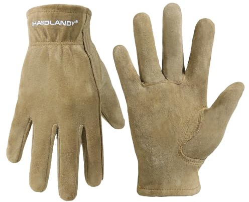 HANDLANDY Kids Genuine Leather Work Gloves for ages 3-11, Children Gardening Gloves for Boys, Girls (M, for age 5-7, Khaki)