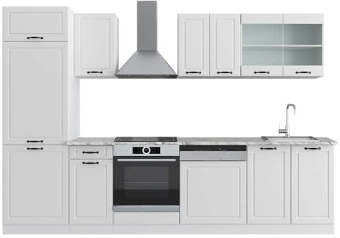 Vicco Küchenzeile R-Line, Weiß Landhaus/Weiß, 300 cm | 8 Module · Höhenverstellbare Füße · AP Marmor inkl. · MDF-Fronten · Mit Kühlschrankumbauschrank · Frei kombinierbar