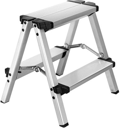 Miscoos Scaletta 2 Gradini Pieghevole in Alluminio, Piccola Scala Domestica a Doppio Accesso, Antiscivolo e Stabile, Capacità Max 150 kg, Facile da Riporre