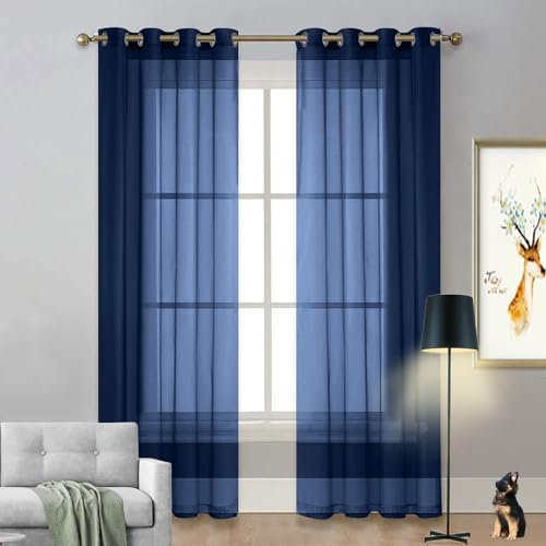 Verdunkelungsvorhang 270 x 105 cm Wärmeisolierend, Ösenvorhang Querbehang Gardine Durchsichtig Tüllstoff für Wohnzimmer Landhaus Kleine Fenster, Dunkelblau