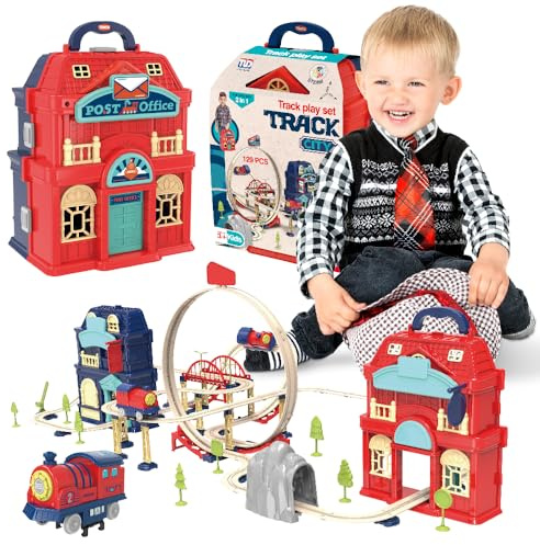 sun baby Circuito con Locomotora eléctrica para niños Desde 3 años - Juguete con un Bucle, viaducto, Barrera, Edificios de la estación de ferrocarril y Tiendas