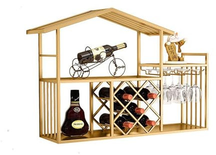 Weinregal Wand Metall mit Weinglashalter Flaschenregal Schmal Wine Rack Bar Regal Wand Weinschrank Hausbar Barschrank Weinständer Getränke Regal Mini Bar für Bartheke Wohnzimmer Küche Esszimmer(Gold)
