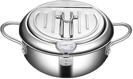 Olla profunda – Olla de acero inoxidable, olla grande | Sartén Tempura de estilo japonés resistente con termómetros y escurridor extraíble para alimentos crujientes y