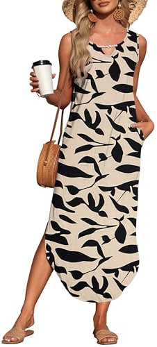 AUSELILY Women's UK Summer Sleeveless Split Dress Apricot Black Leaf L