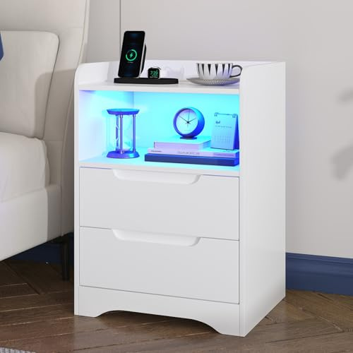 Brinlawb Nachttisch mit Steckdose und LED-Beleuchtung (2 AC-Steckdosen & 2 USB-Anschlüsse) Nachtschrank mit 2 Schubladen und 1 offenes Fach Beistelltisch Sofatisch für Wohnzimmer, Schlafzimmer, Weiß