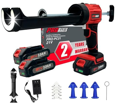 PROMAKER Cordless Caulking Gun, 21V Caulk gun w/ 2 Batteries, LED Light, Adjustable Speed, 3 Nozzle Adapters, 5 Knife Heads, 10 Oz Capacity, 550Lb Pushing Force, Caulk Tool Trowel & Scraper
