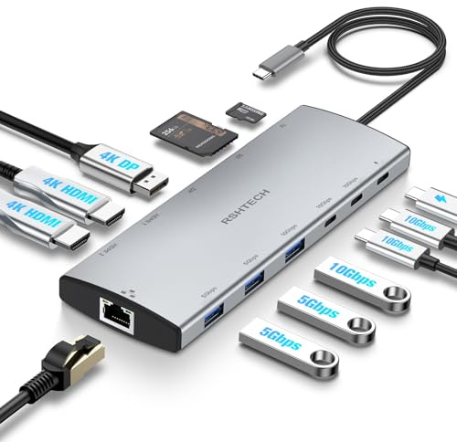 RSHTECH 12 in 1 USB C Hub mit 2 HDMI und Display, RSH-T12HD | USB 3.2/3.0, 100W PD, SD/TF, Ethernet - Docking Station 2 Monitore - Gute Tragbarkeit - Windows, Linux und Mac