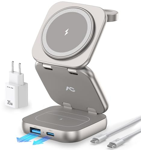 AC Island 5 in 1 Wireless Charging Station, Foldable Mag-Safe Charger Stand, Travel Wireless Charger for iPhone 17 Pro/16/15/14/13/12 Series, Apple Watch S11-1/Ultra, for Airpods Pro 3 - (Titanium)