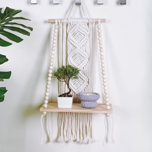 Wooden Macrame Wall Hanging w/Shelf & Sturdy Beaded Rope - Handmade Modern Living Room Decor - Macrame Wall Decor to Securely Hold Plants & More - Beautiful Boho Decorations for Interior Design