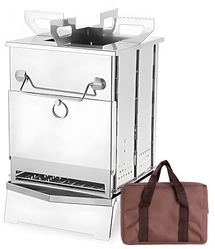 Réchaud à bois de camping portable, pliable, petit, en acier inoxydable, avec support, cendrier, base stable amovible, avec sac de rangement, pour aventures en plein air,