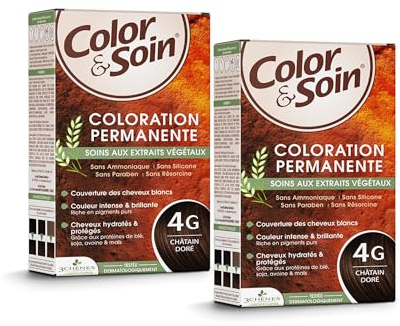 Color & Soin 4G Châtain Doré | Kit Coloration 30 jours | Couvrance totale & Brillance longue durée | Cheveux blancs camouflés, nourris & hydratés | Tous types de cheveux | Lot de 2x135 ml