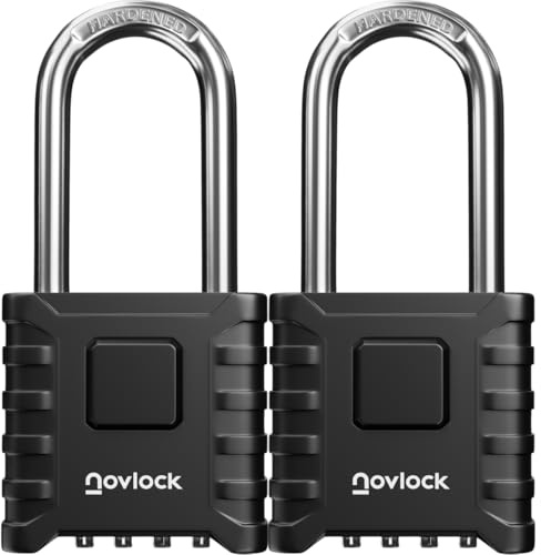 NOVLOCK Candado de combinación resistente – arco largo de 5,9 cm – candado exterior impermeable de 4 cifras para portones, vallas, cobertizos, trasteros, taquillas y armarios – 2 unidades, negro