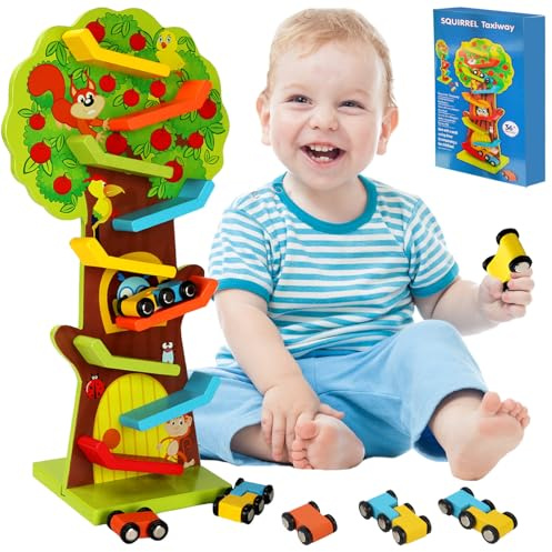 WENAUANG Juguetes de Rampa de Coche de Madera con una Pista de Carreras Completa y 3 Autos de Carreras, Madera Pista Coches Ardilla, Coche Rampa Juguete para Bebés y Niños Pequeños de 1 y 2 3 años