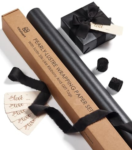 Vitalizart 76 cm x 5 m Schwarzes Geschenkpapier mit Schwarzes Geschenkband | Geschenkpapier Set mit Geschenkanhänger Recycelbar, Perlglanz Papierrolle für Weihnachten Geburtstag Hochzeit Geschenk