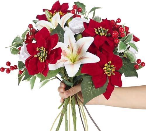 FALSKT Weihnachtsstern Künstliche Blumen Kunstblumen Weihnachten Rote Beeren Weihnachtsdeko Seidenblumen Weihnachtsstrauß künstlich Rose Weihnachtsblumen für Weihnachten Deko Party Feiern
