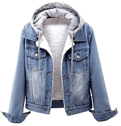 Sexyshine Women's Detachable Hoodie Cropped Denim Jacket Winter Fleece Sherpa-Lined Jean Trucker Coat(23031LB2,XL)
