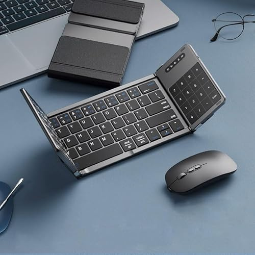 Folding Keyboard, touchpad/Numeric keypad Integrated, Bluetooth Triple Folding, Suitable for iPad, MAC/Win/Android Tablets (Black, Keyboard and Mouse Set)