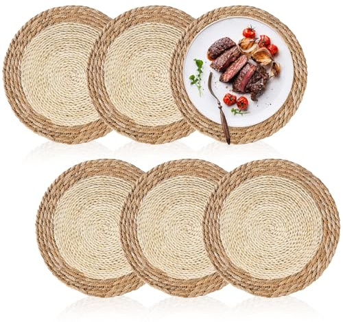Round Placemats Set of 6, 30cm Table Mats Woven Rattan Placemats Water Hyacinth Handmade Place Mats for Table Kitchen Dining Home Wedding