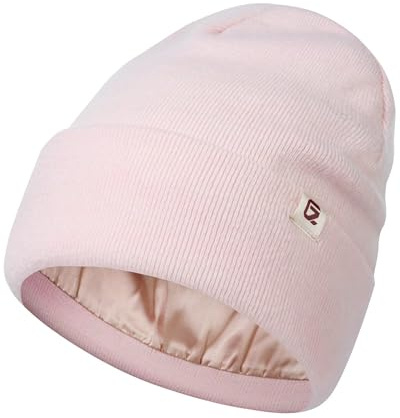 GADIEMKENSD satinfoder stickad mössa, ullmix, värme, antistatisk, noppskydd, mild hårvård, unisex, Ljusrosa, 54-59