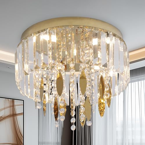 GreeLustr Runde Kristall Kronleuchter, Moderne Kristall Deckenleuchte mit Regentropfen Kristallkette, Gold Elegant Kronleuchter mit 5 Lichtern für Schlafzimmer Korridor, LED Halbeinbau Deck 30cm