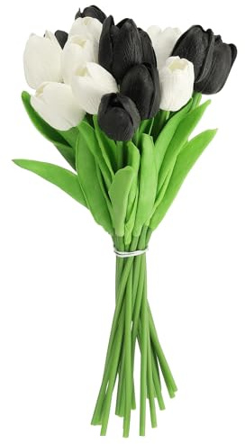QUARKZMAN 20 Pezzi Tulipani Fiori Artificiali, Fiori Finti Steli Di Tulipano In Seta Effetto Reale Per Bouquet Nuziali Centrotavola Decorazione Tavolo Feste (Nero, Bianco Puro)