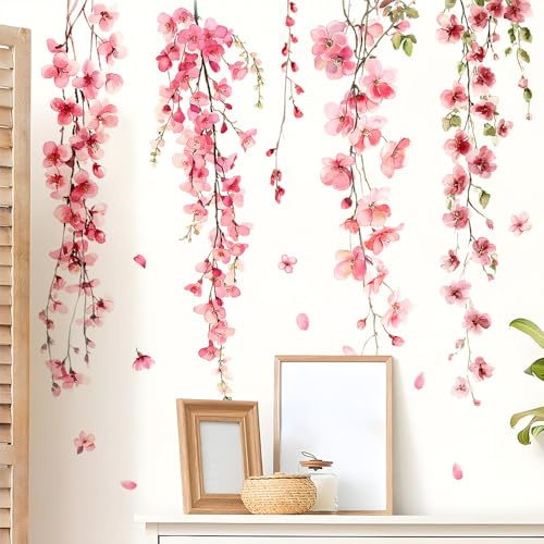 Flaxarne Adesivi Murali Fiori di Ciliegio e Vite – Sticker Murale Pendente per Decorazione Pareti Camera Letto, Salotto, Corridoio